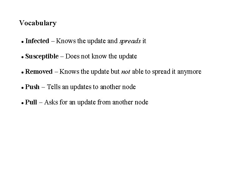 Vocabulary Infected – Knows the update and spreads it Susceptible – Does not know