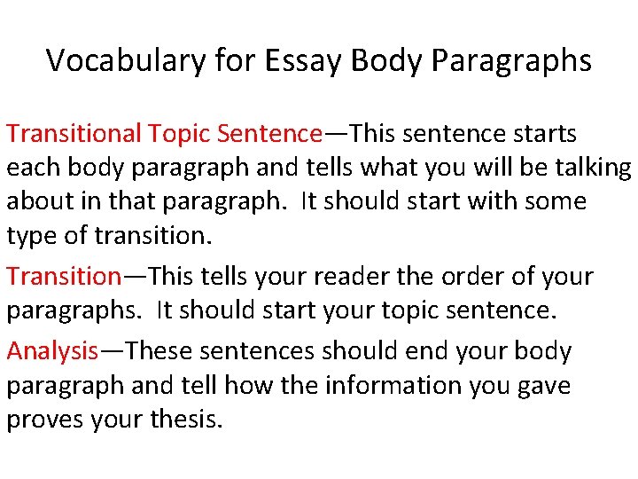 Vocabulary for Essay Body Paragraphs Transitional Topic Sentence—This sentence starts each body paragraph and