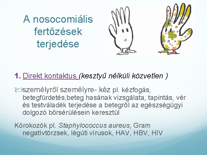 A nosocomiális fertőzések terjedése 1. Direkt kontaktus (kesztyű nélküli közvetlen ) személyről személyre- kéz