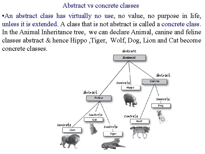 Abstract vs concrete classes • An abstract class has virtually no use, no value,