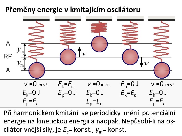 Přeměny energie v kmitajícím oscilátoru A RP A v =0 m. s Ek=0 J