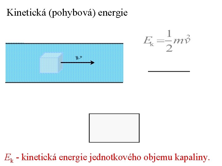 Kinetická (pohybová) energie Ek - kinetická energie jednotkového objemu kapaliny. 