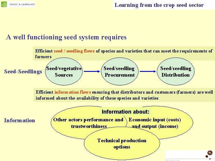 Learning from the crop seed sector A well functioning seed system requires Efficient seed