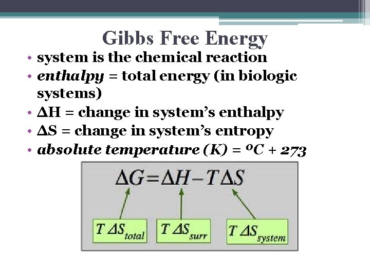 Gibbs Free Energy • system is the chemical reaction • enthalpy = total energy