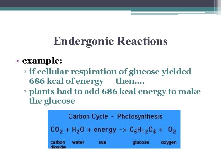 Endergonic Reactions • example: ▫ if cellular respiration of glucose yielded 686 kcal of
