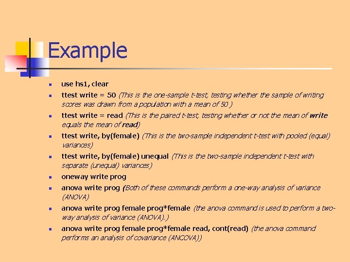 Example n use hs 1, clear n ttest write = 50 (This is the