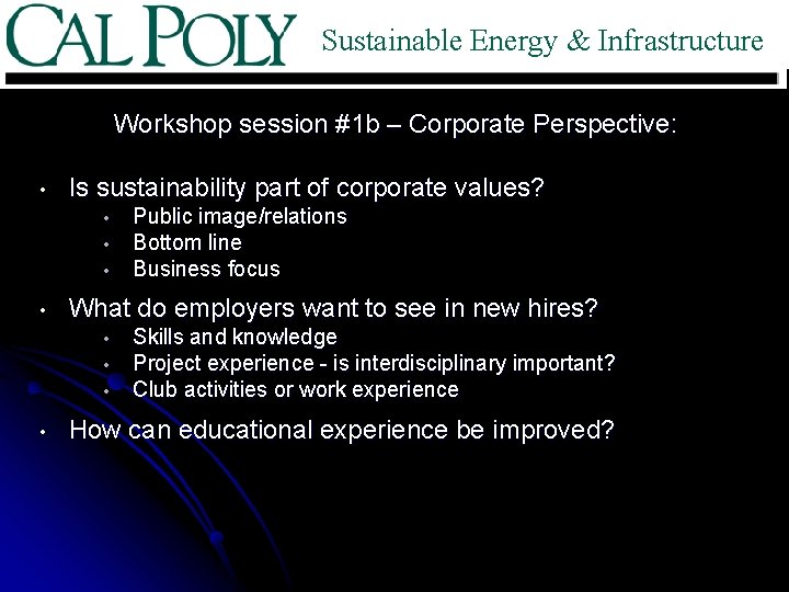 Sustainable Energy & Infrastructure Workshop session #1 b – Corporate Perspective: • Is sustainability