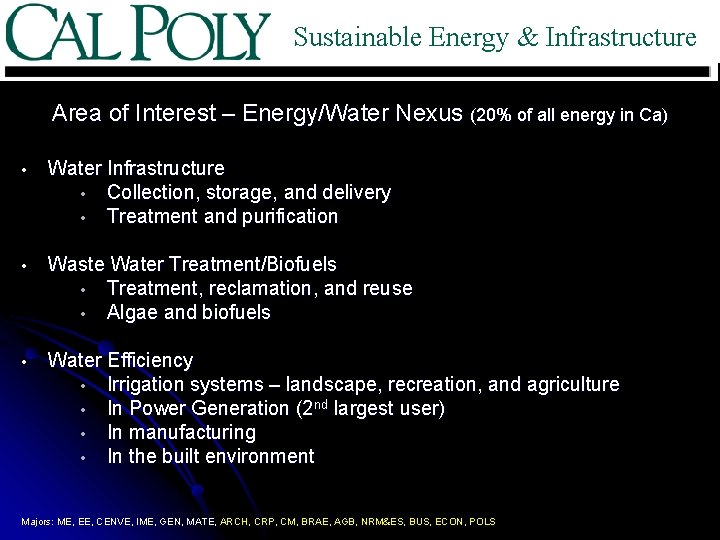 Sustainable Energy & Infrastructure Area of Interest – Energy/Water Nexus (20% of all energy