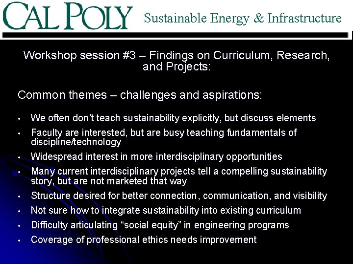 Sustainable Energy & Infrastructure Workshop session #3 – Findings on Curriculum, Research, and Projects: