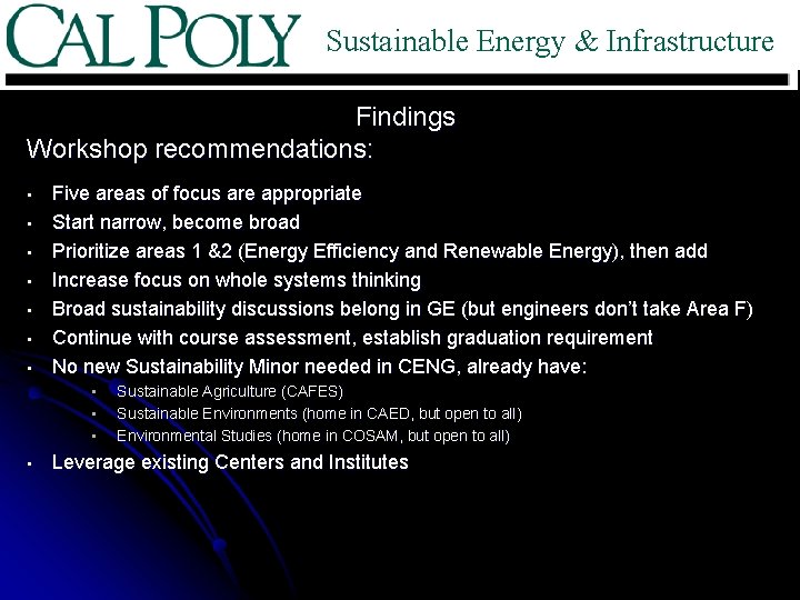 Sustainable Energy & Infrastructure Findings Workshop recommendations: • • Five areas of focus are