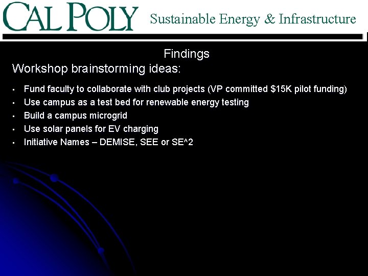 Sustainable Energy & Infrastructure Findings Workshop brainstorming ideas: • • • Fund faculty to