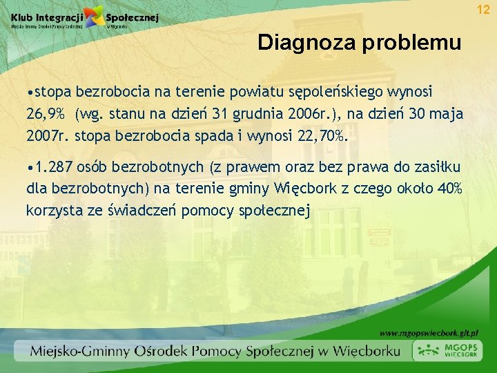 12 Diagnoza problemu • stopa bezrobocia na terenie powiatu sępoleńskiego wynosi 26, 9% (wg.