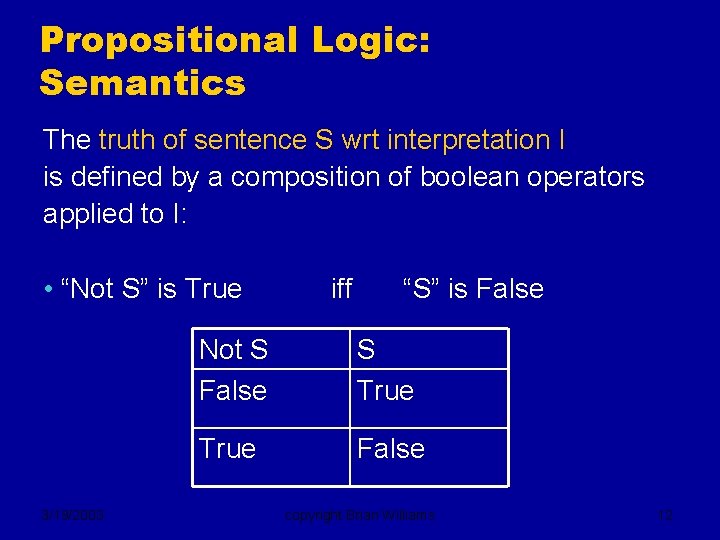 Propositional Logic: Semantics The truth of sentence S wrt interpretation I is defined by