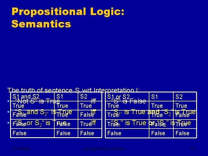 Propositional Logic: Semantics The truth of sentence Si wrt Interpretation I: S 1 and
