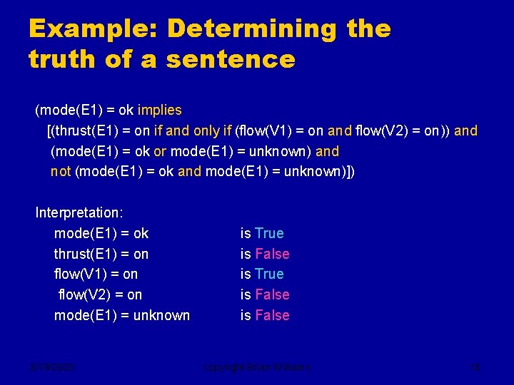 Example: Determining the truth of a sentence (mode(E 1) = ok implies [(thrust(E 1)