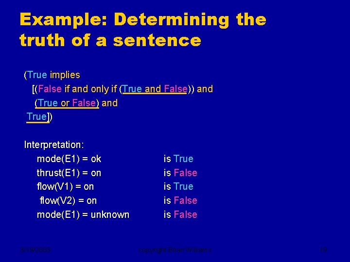 Example: Determining the truth of a sentence (True implies [(False if and only if