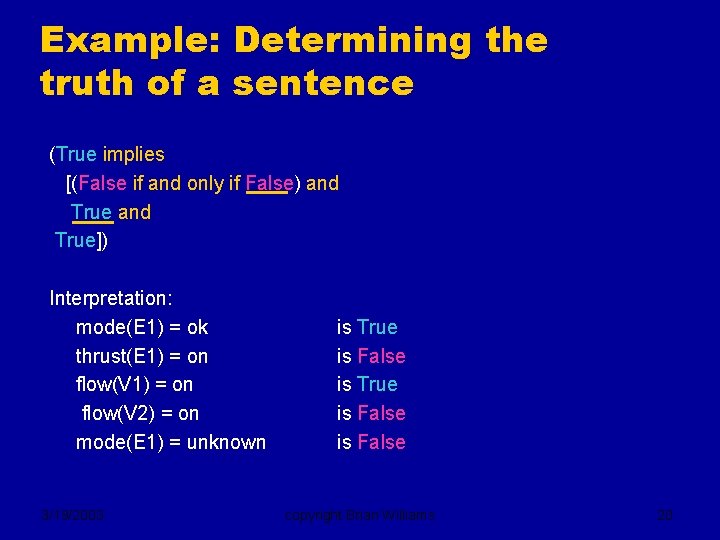 Example: Determining the truth of a sentence (True implies [(False if and only if
