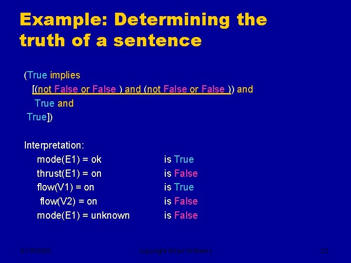 Example: Determining the truth of a sentence (True implies [(not False or False )