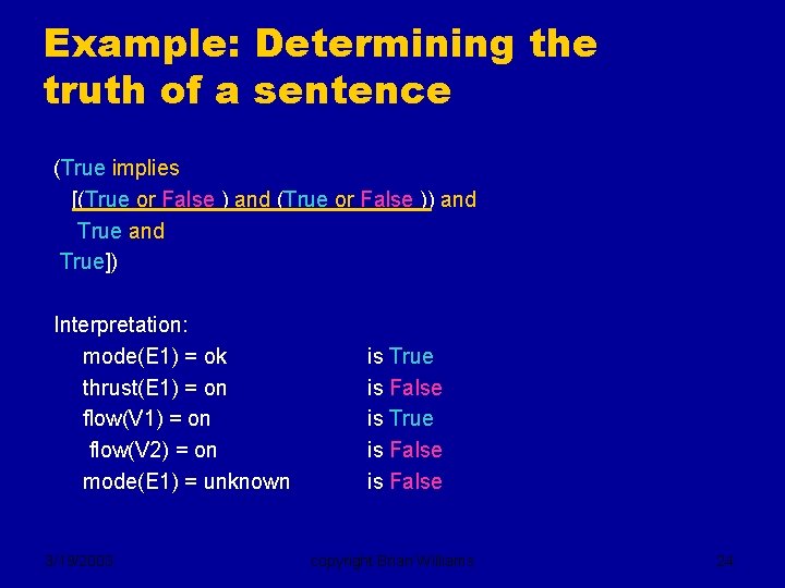 Example: Determining the truth of a sentence (True implies [(True or False ) and