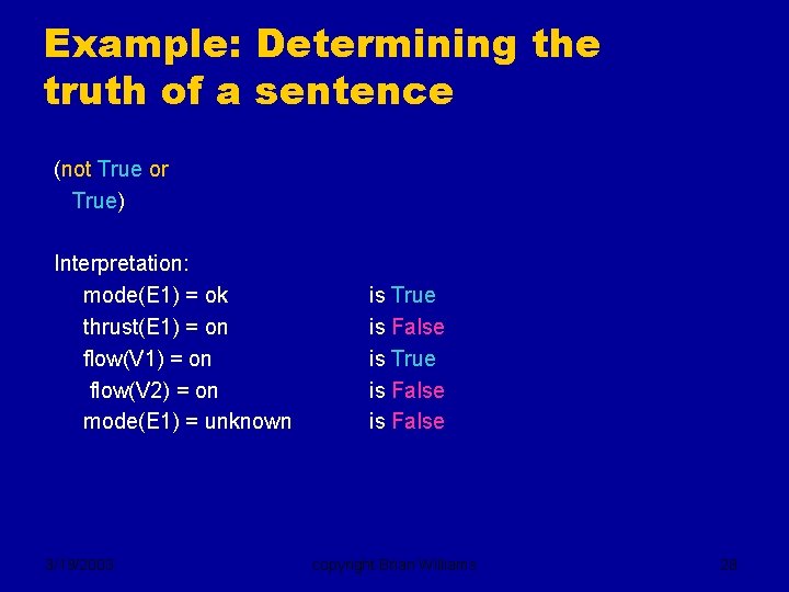 Example: Determining the truth of a sentence (not True or True) Interpretation: mode(E 1)