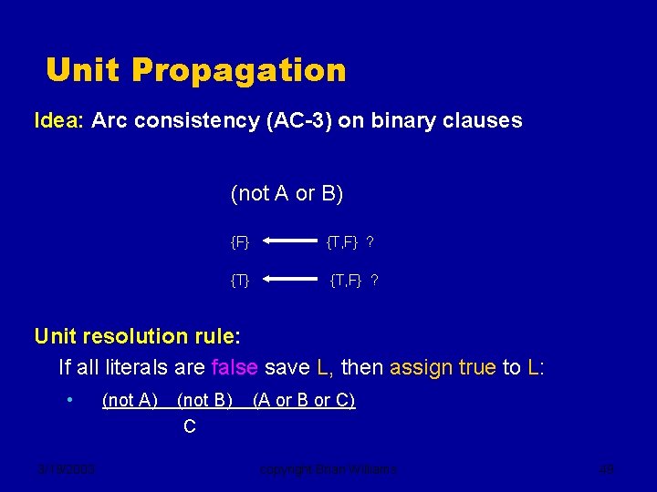 Unit Propagation Idea: Arc consistency (AC-3) on binary clauses (not A or B) {F}