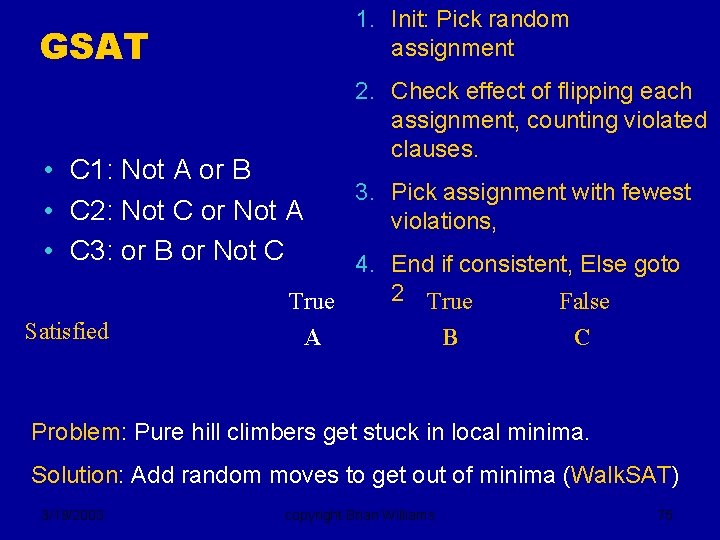 1. Init: Pick random assignment GSAT • C 1: Not A or B •