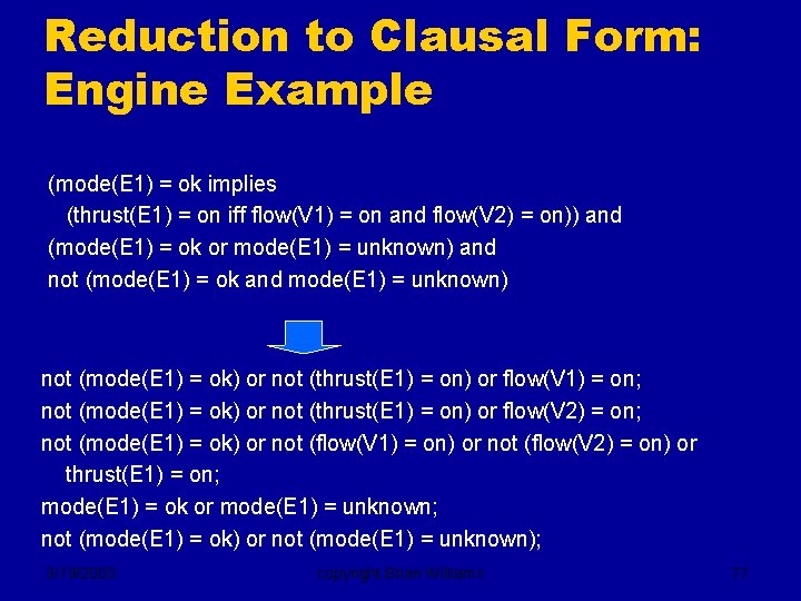 Reduction to Clausal Form: Engine Example (mode(E 1) = ok implies (thrust(E 1) =