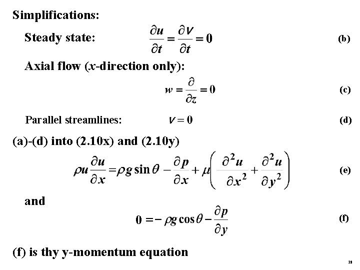 Simplifications: Steady state: (b) Axial flow (x-direction only): (c) Parallel streamlines: (d) (a)-(d) into