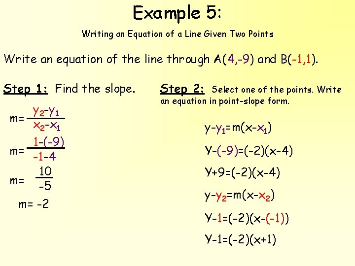 Example 5: Writing an Equation of a Line Given Two Points Write an equation
