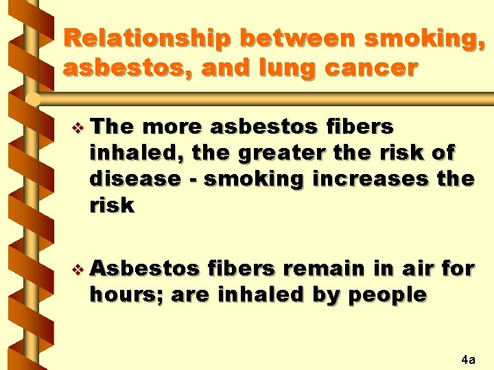 Relationship between smoking, asbestos, and lung cancer v The more asbestos fibers inhaled, the