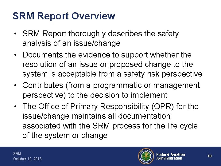 SRM Report Overview • SRM Report thoroughly describes the safety analysis of an issue/change