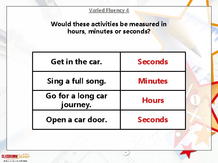 Varied Fluency 4 Would these activities be measured in hours, minutes or seconds? ©