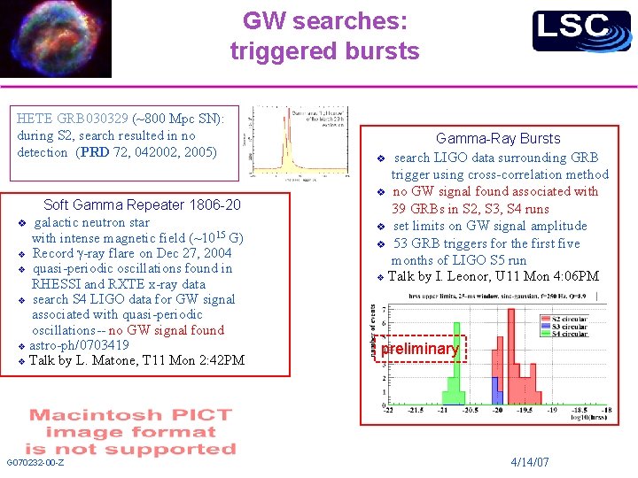 GW searches: triggered bursts HETE GRB 030329 (~800 Mpc SN): during S 2, search