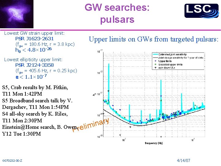 GW searches: pulsars Lowest GW strain upper limit: PSR J 1623 -2631 (fgw =