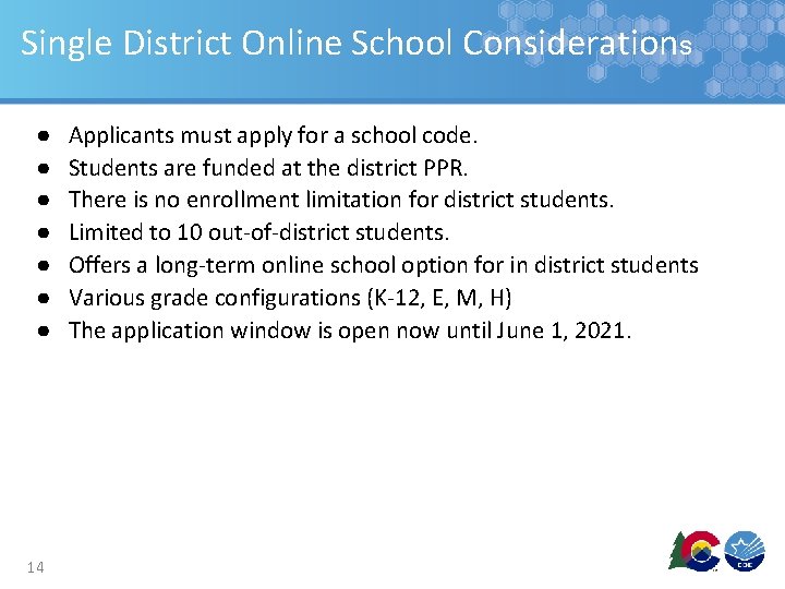 Single District Online School Considerations ● ● ● ● 14 Applicants must apply for