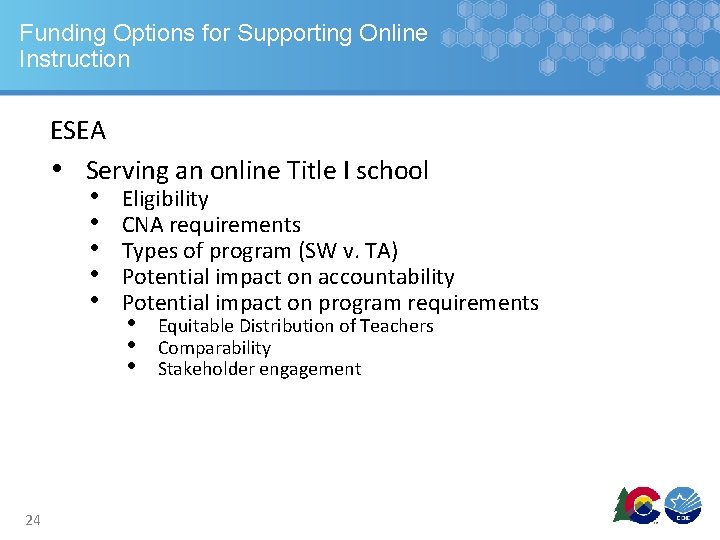 Funding Options for Supporting Online Instruction ESEA • Serving an online Title I school