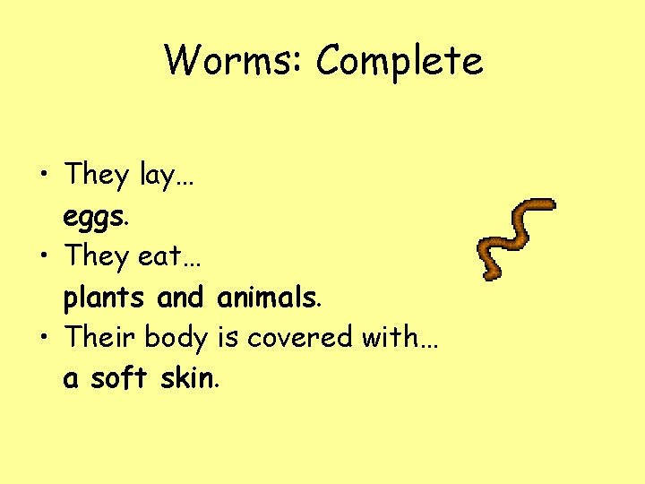 Worms: Complete • They lay… eggs. • They eat… plants and animals. • Their
