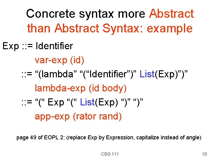 Concrete syntax more Abstract than Abstract Syntax: example Exp : : = Identifier var-exp Concrete syntax more Abstract than Abstract Syntax: example Exp : : = Identifier var-exp