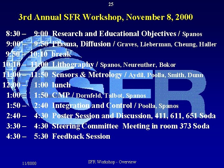 25 3 rd Annual SFR Workshop, November 8, 2000 8: 30 – 9: 00