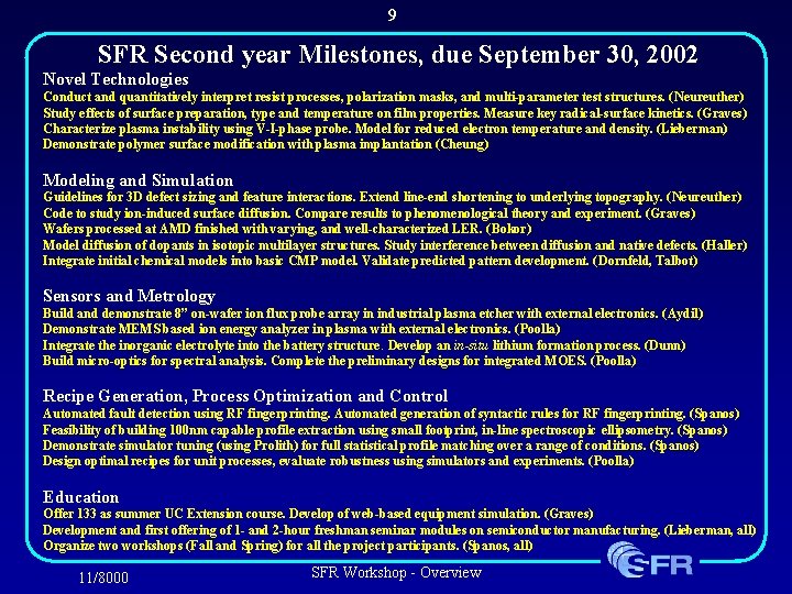 9 SFR Second year Milestones, due September 30, 2002 Novel Technologies Conduct and quantitatively