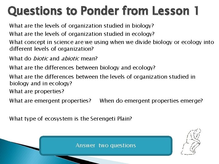 Questions to Ponder from Lesson 1 What are the levels of organization studied in