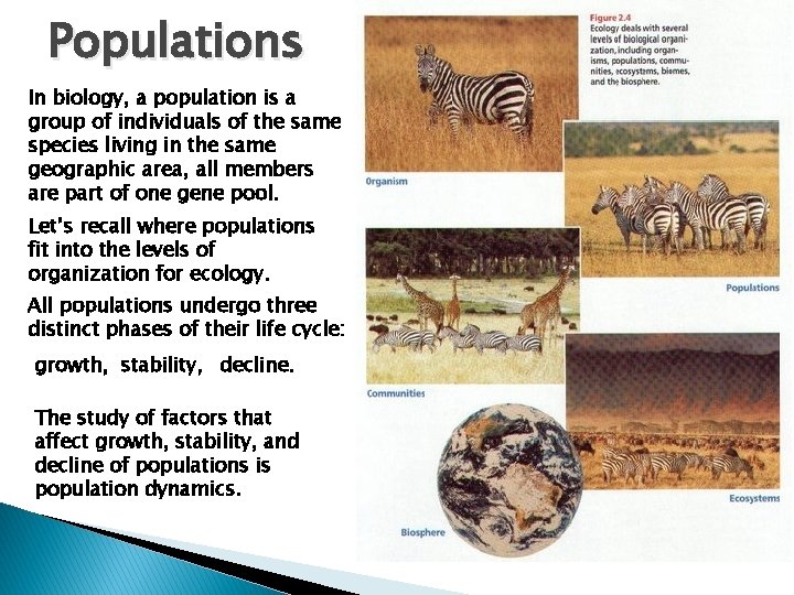 Populations In biology, a population is a group of individuals of the same species
