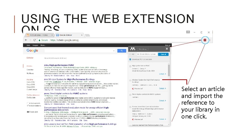 USING THE WEB EXTENSION ON GS Select an article and import the reference to