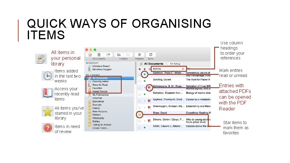 QUICK WAYS OF ORGANISING ITEMS All items in your personal library Items added in