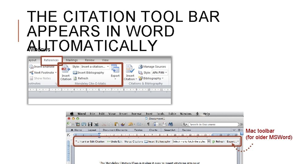 THE CITATION TOOL BAR APPEARS IN WORD AUTOMATICALLY Windows Mac toolbar (for older MSWord)