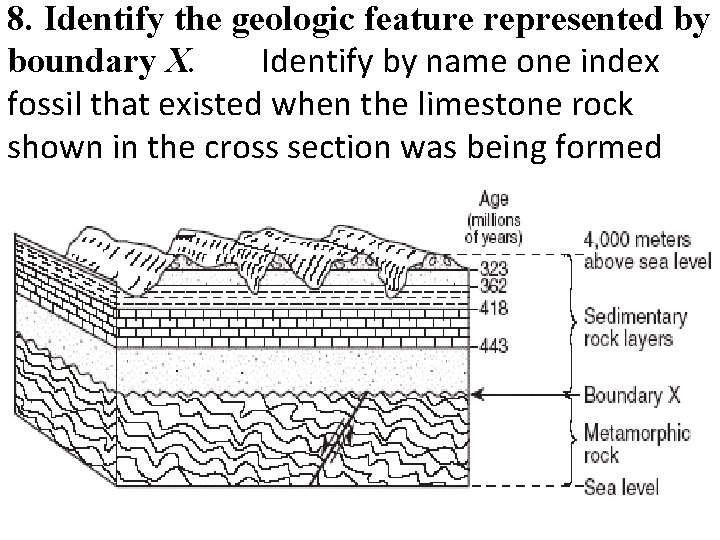 8. Identify the geologic feature represented by boundary X. Identify by name one index