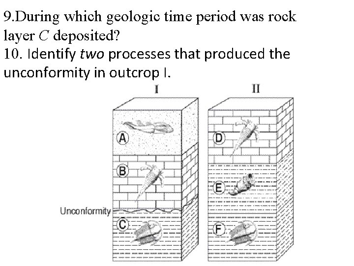 9. During which geologic time period was rock layer C deposited? 10. Identify two