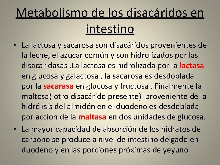 Metabolismo de los disacáridos en intestino • La lactosa y sacarosa son disacáridos provenientes