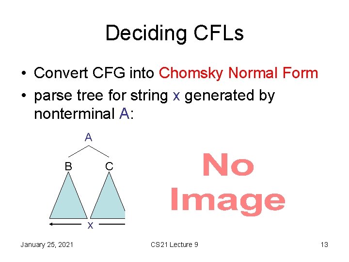 Deciding CFLs • Convert CFG into Chomsky Normal Form • parse tree for string