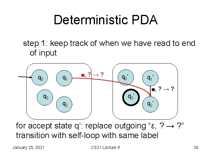 Deterministic PDA step 1: keep track of when we have read to end of